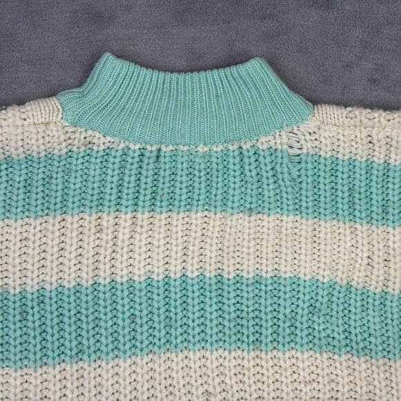 Gerard Works Sweater Womens M Vintage 80s Striped White Teal Chunky Cable Knit - Picture 5 of 11